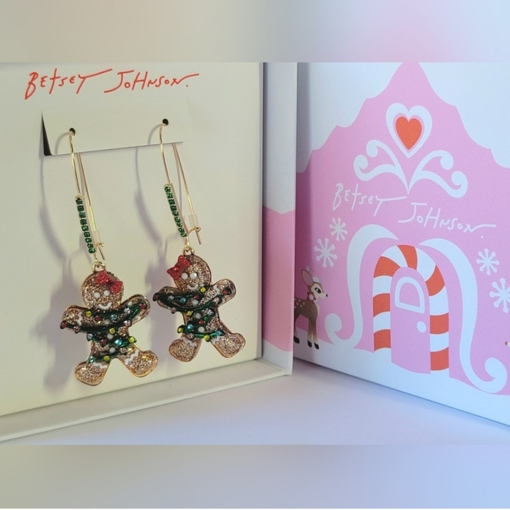 Betsey Johnson Gingerbread Girl Necklace & Earrings w/ red & green rhinestones - Picture 11 of 13